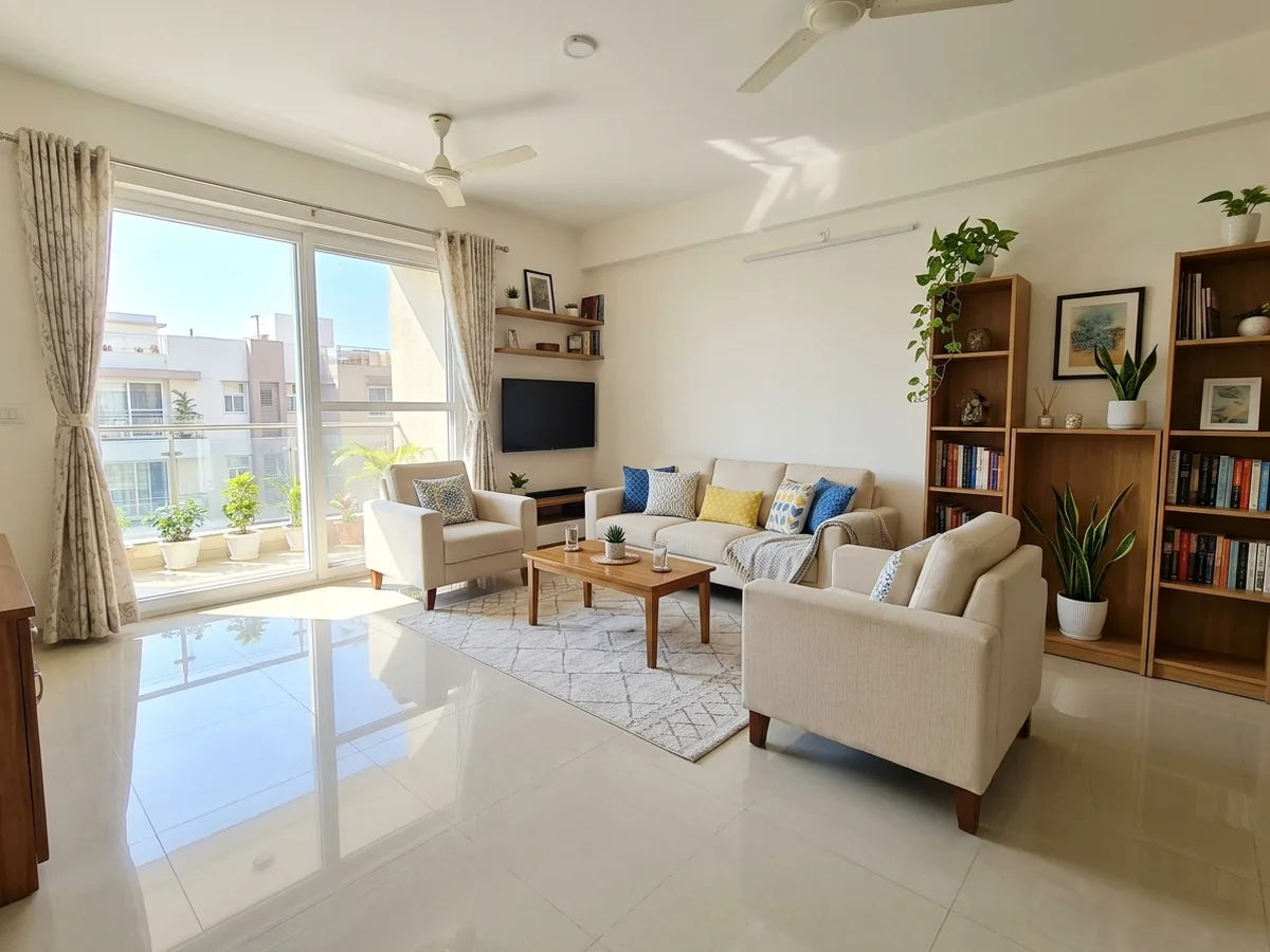 Spotless modern apartment living room with polished vitrified tile floor
